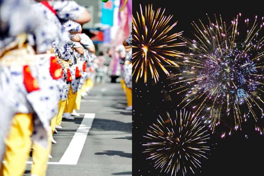 Vibrant snapshot of Hokkaido summer festivals featuring a dance parade with performers in traditional yukata on one side, and colorful fireworks lighting up the night sky on the other. A perfect blend of culture, celebration, and summer energy in Hokkaido.