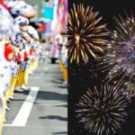 Vibrant snapshot of Hokkaido summer festivals featuring a dance parade with performers in traditional yukata on one side, and colorful fireworks lighting up the night sky on the other. A perfect blend of culture, celebration, and summer energy in Hokkaido.