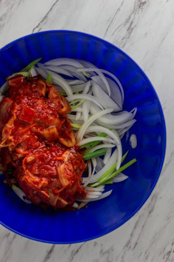 kimchi, onion, and green onion