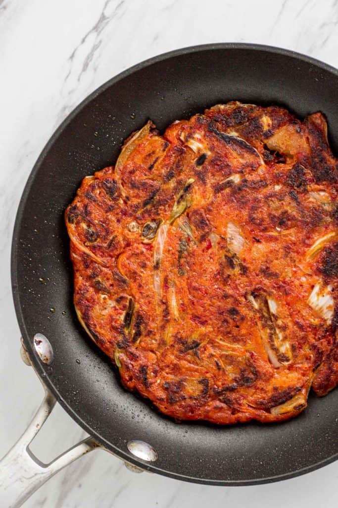 kimchi pancake in the pan