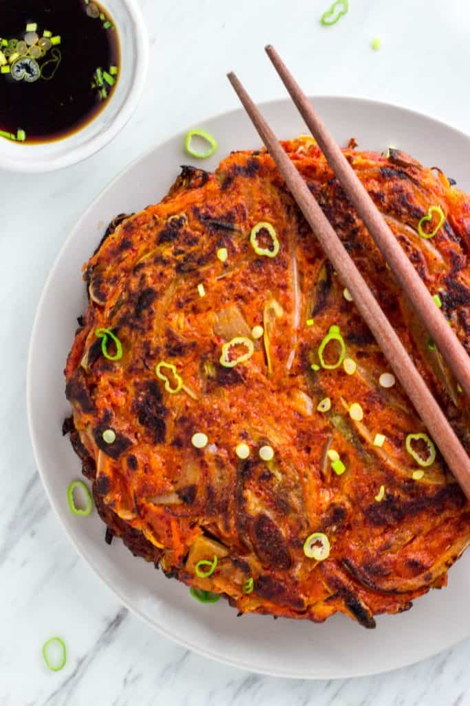 Kimchi Pancake uncut, over head shot
