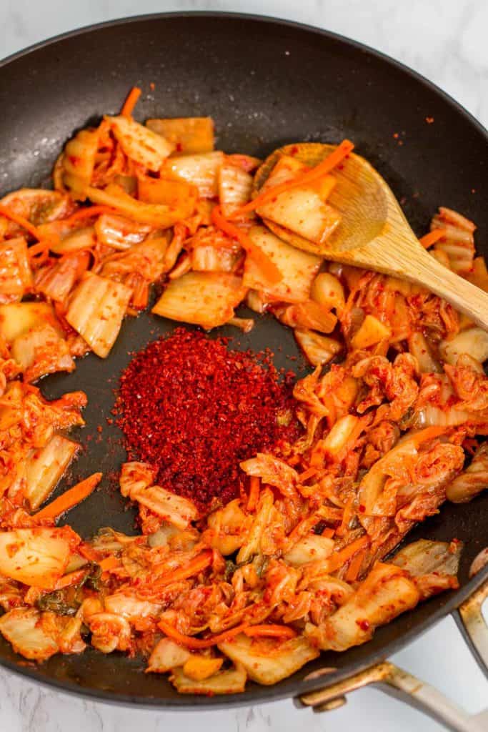 Stir-fried kimchi with extra Korean red pepper flakes