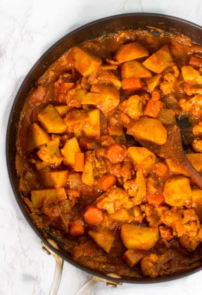 veggie curry in the pot before adding the cashew cream
