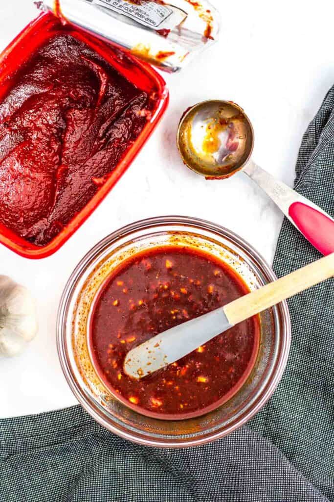 sweet and spicy sauce for the briased potato and shishito. Gochujang in the background