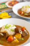 Close-up of Japanese beef curry with vegetables and fluffy rice garnished with scallions.