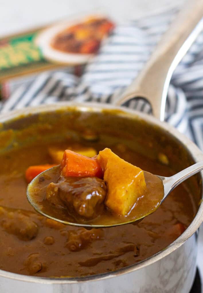 Spoonful of Japanese beef curry with tender beef, potato, and carrot.