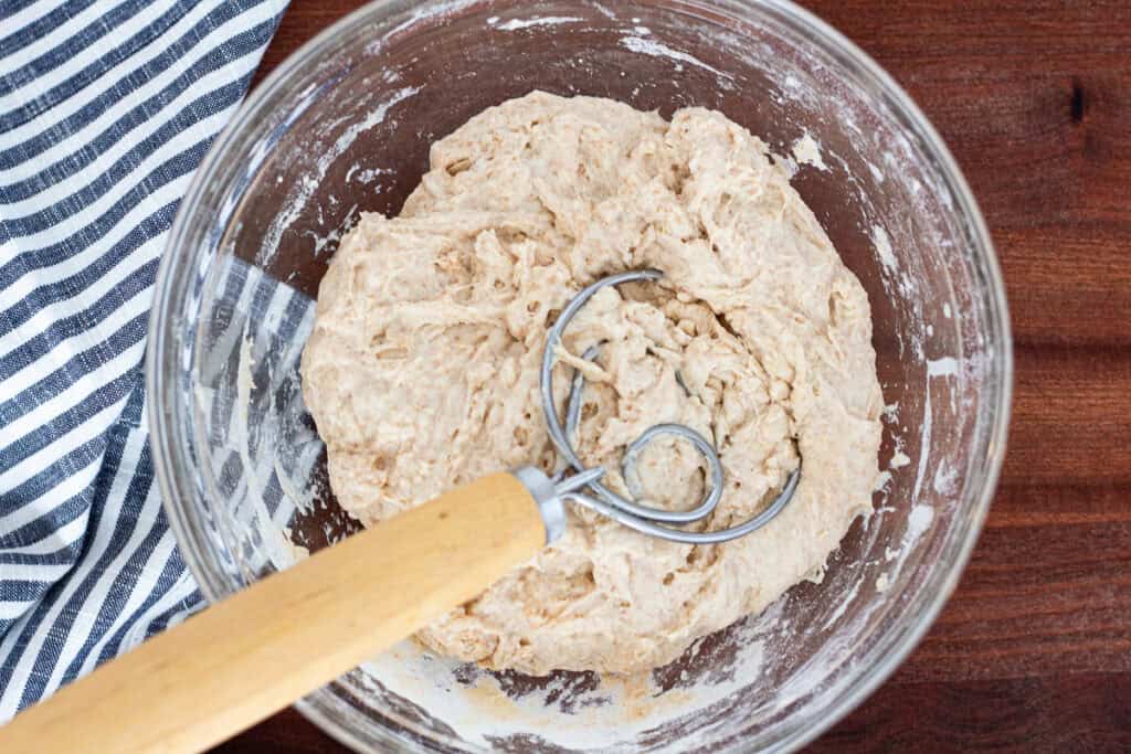Sticky mixed dough after combining flour, water, sourdough discard, honey, salt, and yeast.
