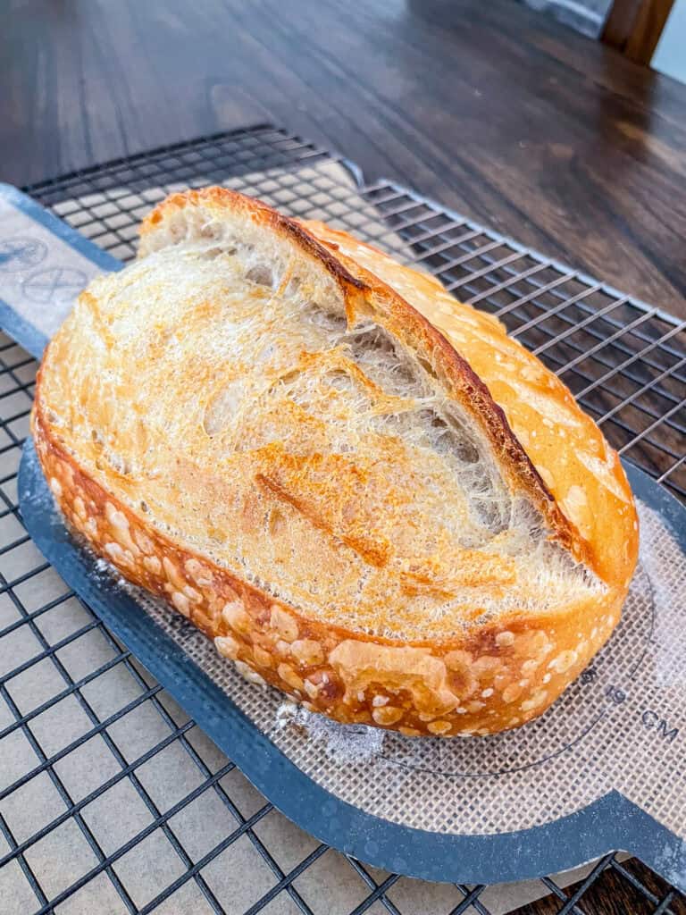 A rustic sourdough loaf with pale crust and shallow rise, showing a sourdough beginner’s early baking attempt.