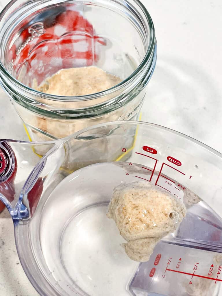 A piece of sourdough starter floating in water during a float test, demonstrating how a sourdough beginner can check starter readiness.