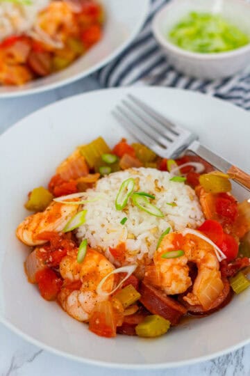 Bowl of Cajun sausage and shrimp stew served over rice and topped with sliced green onions.