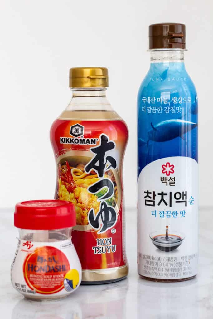 Three dashi options for miso soup including hondashi powder, tsuyu, and Korean tuna essence