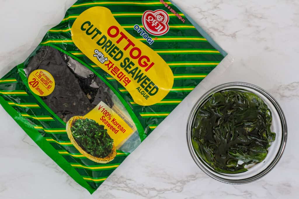 Cut dried seaweed alongside hydrated wakame used for miso soup