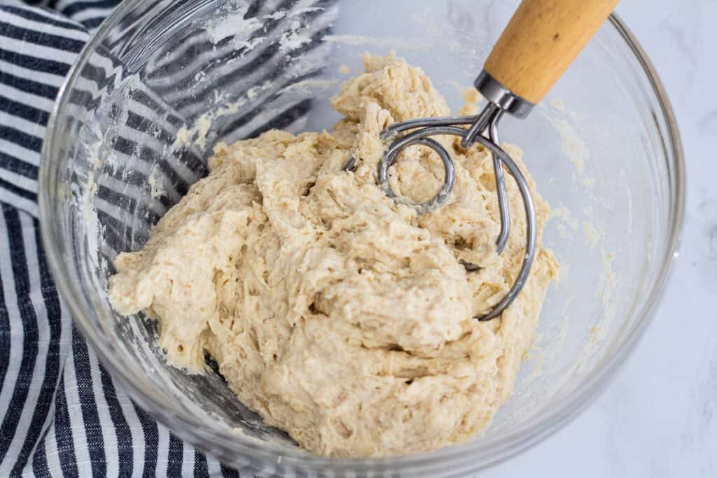 Shaggy sourdough discard pizza dough right after mixing the ingredients