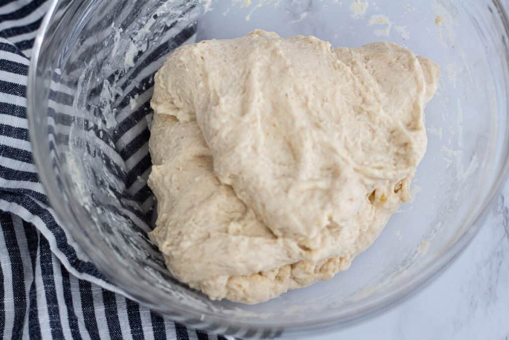 Sourdough discard pizza dough after the first two bowl folds