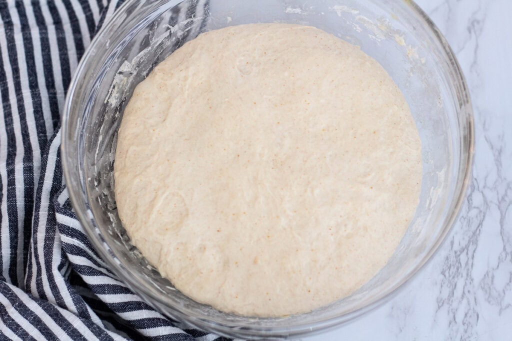 Sourdough discard pizza dough after the rise in a bowl