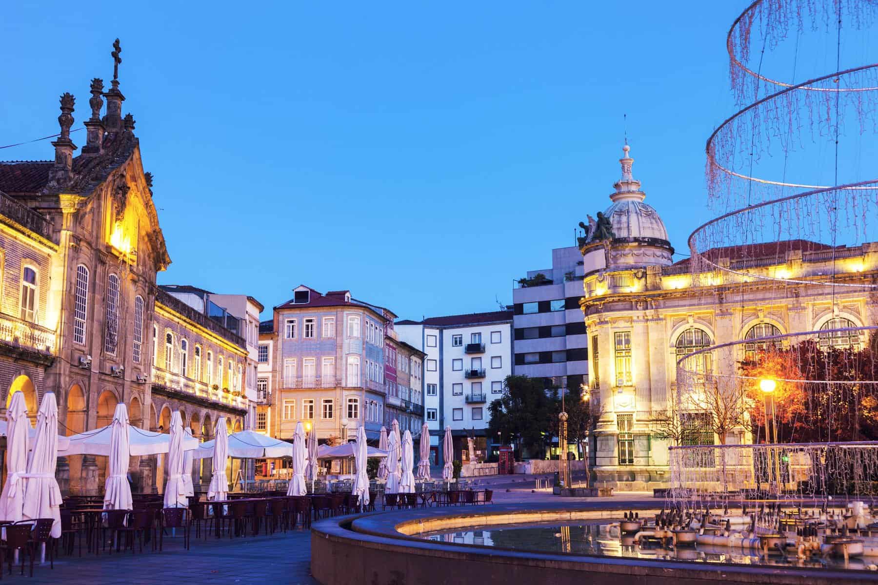 Arcada on Plaza de la Republica in Braga at dawn