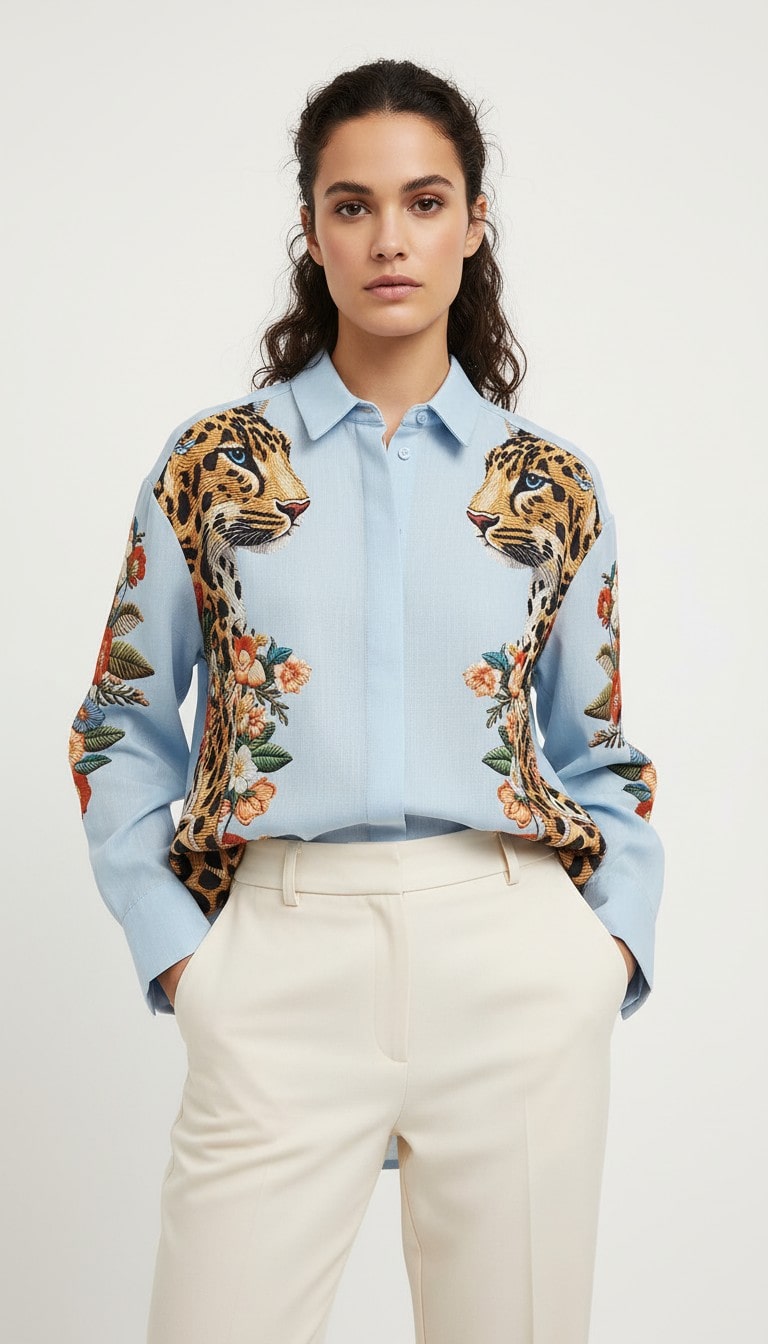 Blaue Damenbluse mit Leoparden-Print – One Size Statement-Shirt – Bild 1