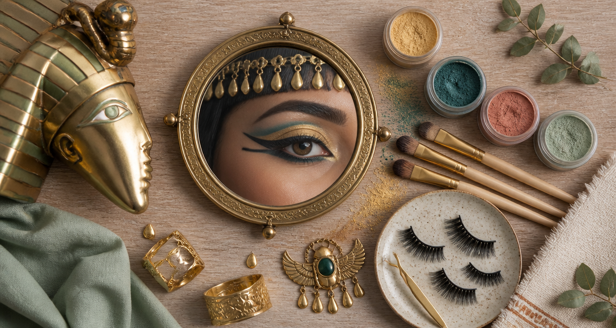 cleopatre maquillage flat lay coiffe dorée