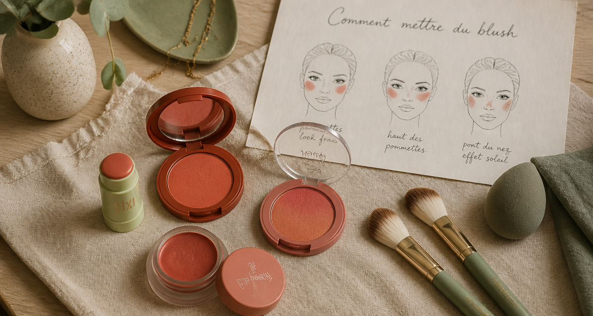 comment mettre du blush, blush et pinceaux sur table