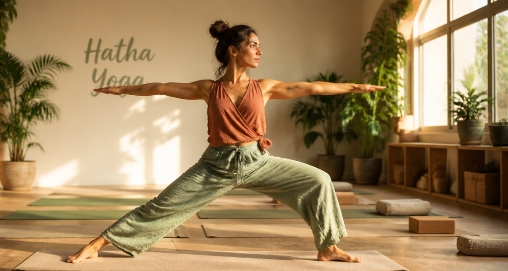 hatha yoga c est quoi femme posture guerrier II salle lumineuse