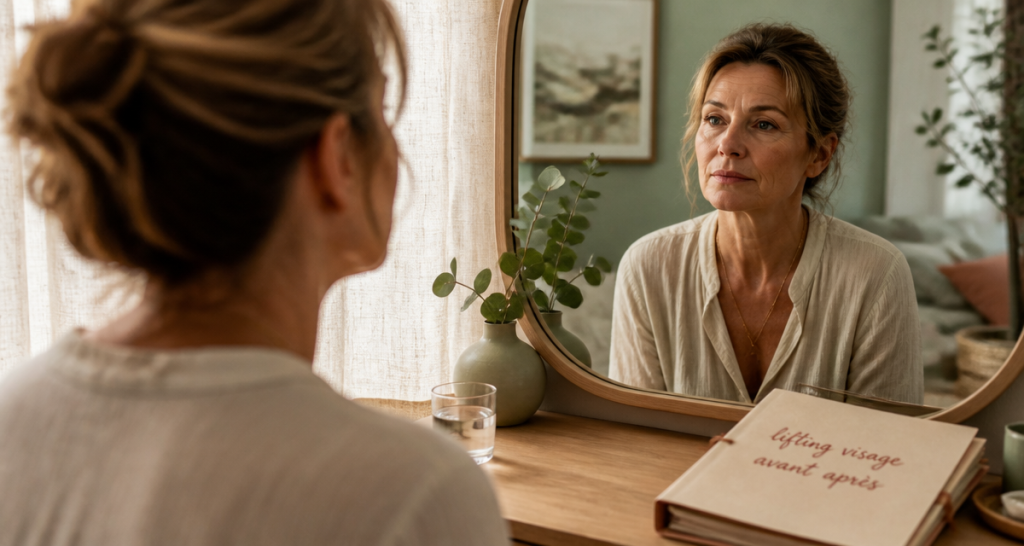 lifting visage avant après femme mature miroir