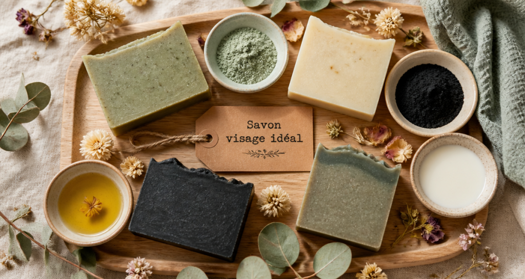 meilleur savon pour visage artisanal sur plateau bois
