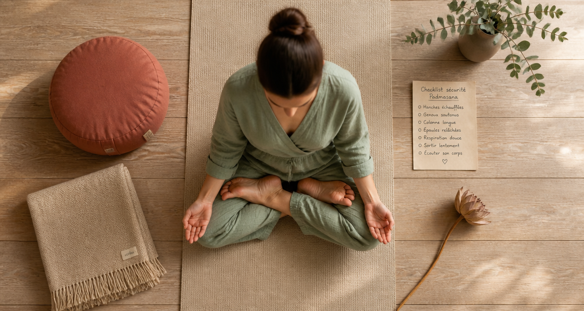 position lotus sur tapis yoga avec checklist