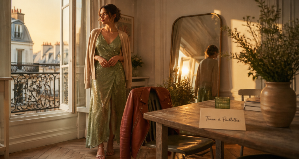 tenue paillette femme robe verte appartement chic