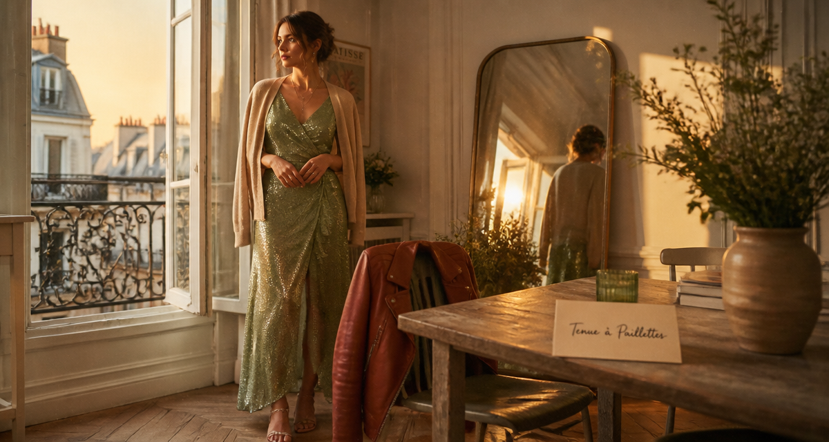 tenue paillette femme robe verte appartement chic