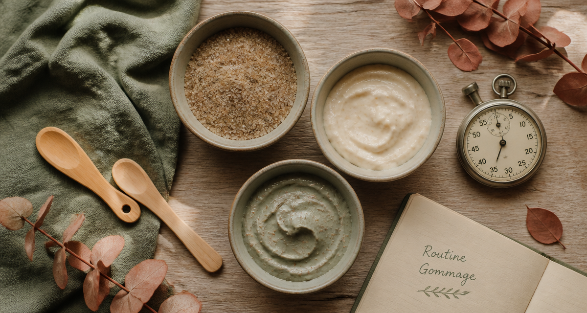 combien de temps laisser un gommage sur le visage, produits exfoliants en flat lay