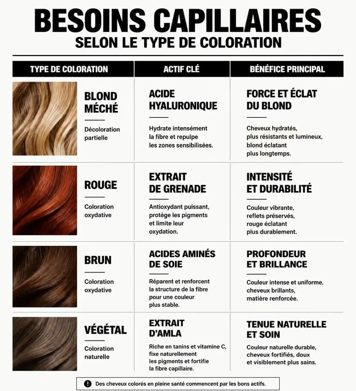 Infographie des besoins capillaires pour le meilleur shampoing cheveux colorés selon le type de coloration