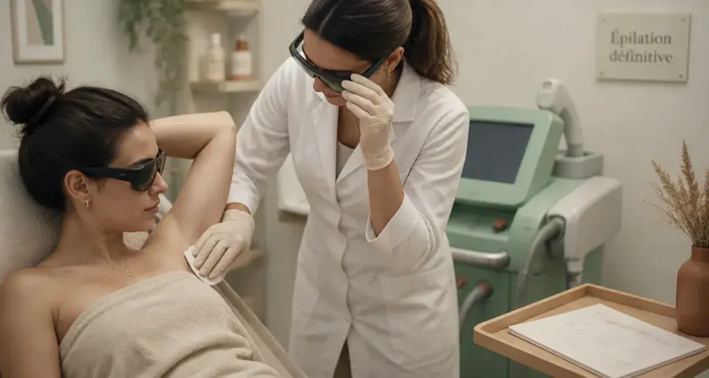 Épilation définitive : cliente préparée en cabinet avant la séance laser
