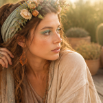 maquillage hippie femme couronne fleurs golden hour
