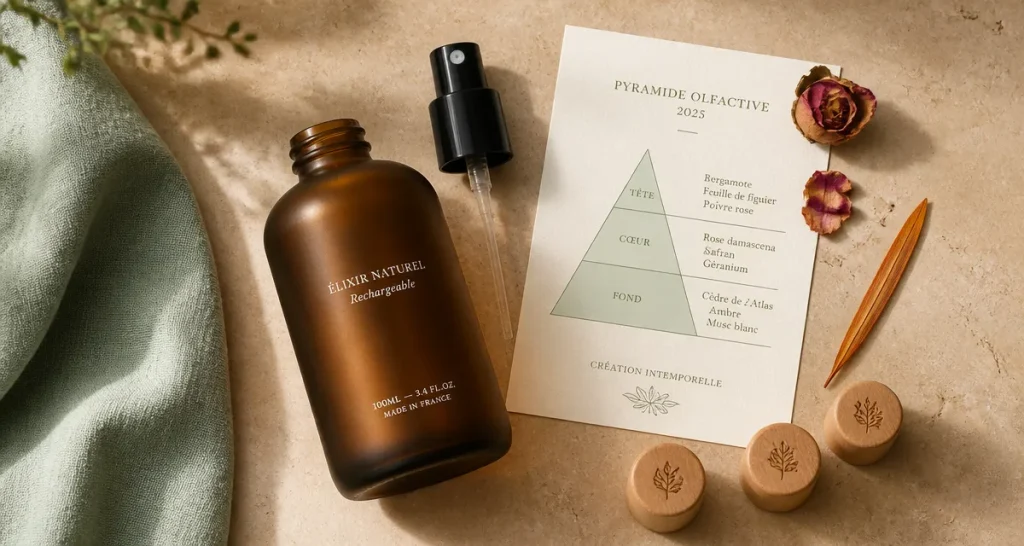 Parfum femme 2025 : flacon et pyramide olfactive sur table beige