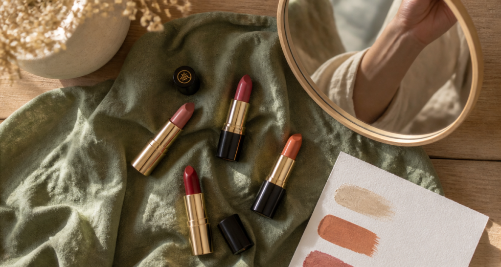 quelle couleur de rouge à lèvres pour peau claire, flat lay rouges à lèvres et palette