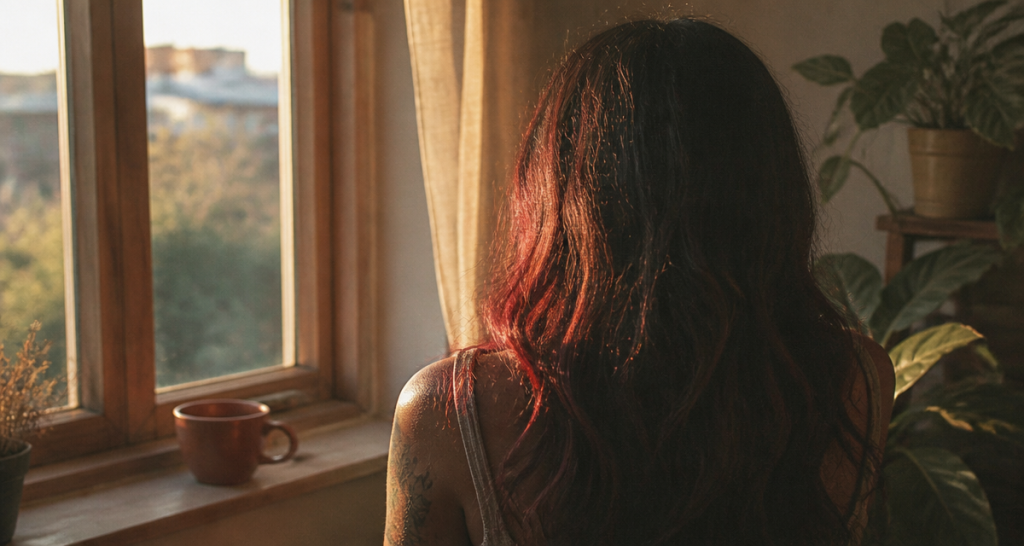 reflet rouge sur cheveux noir sous soleil couchant