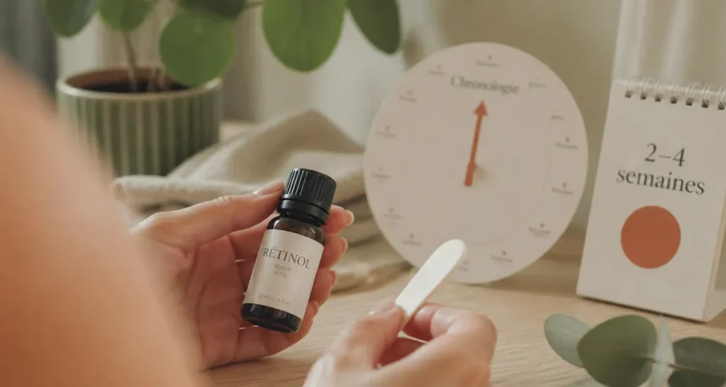 Rétinol effet en combien de temps : peau hydratée, flacon et calendrier 2–4 semaines