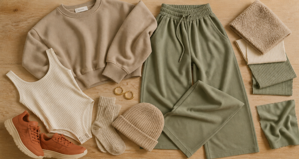 Tenue chill femme flat-lay matières cocooning