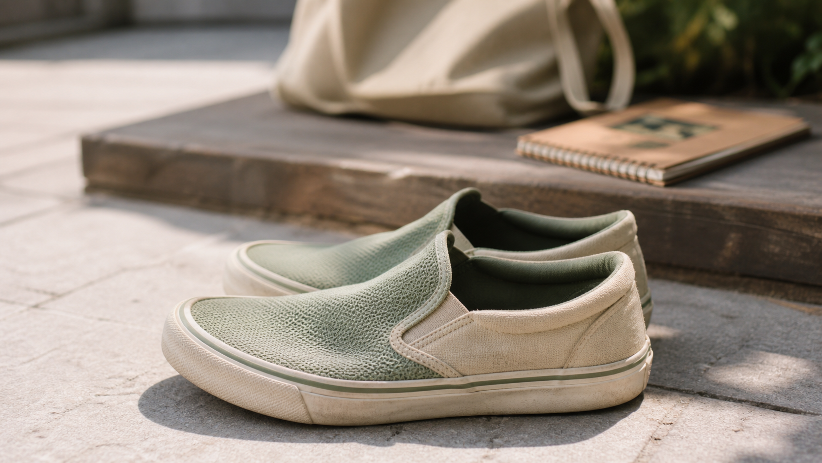 Slip on en toile et mesh vert sauge sur trottoir urbain
