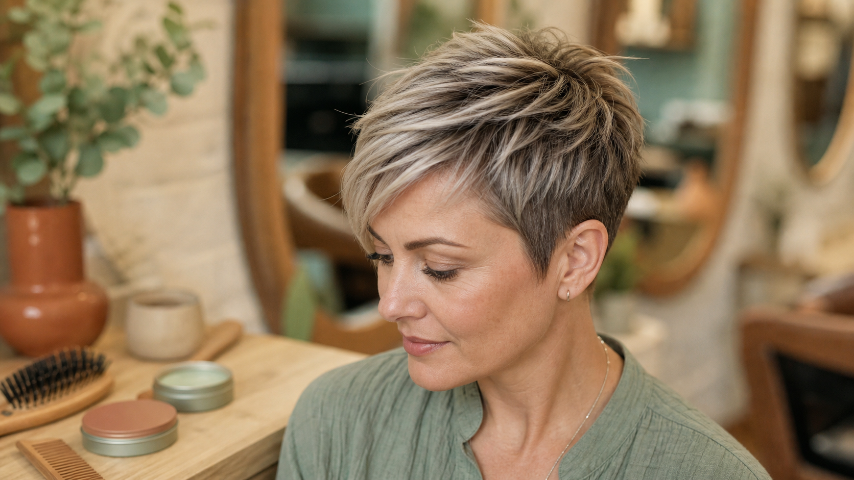 Visage rond moderne coupe courte femme : pixie texturé
