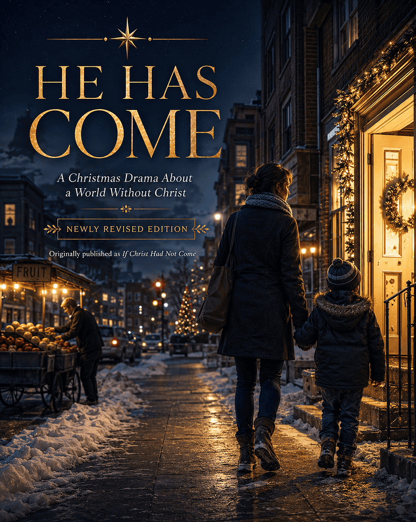 Christmas drama poster with a woman and child walking in a festive city street at night.