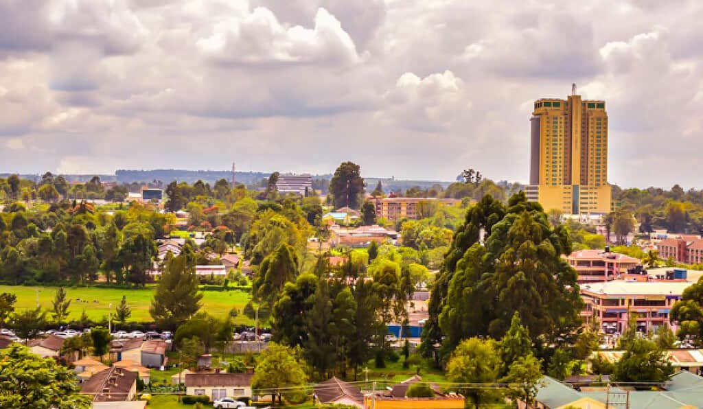 Nairobi cityscape with churches and greenery, showcasing urban and natural harmony in Kenya.