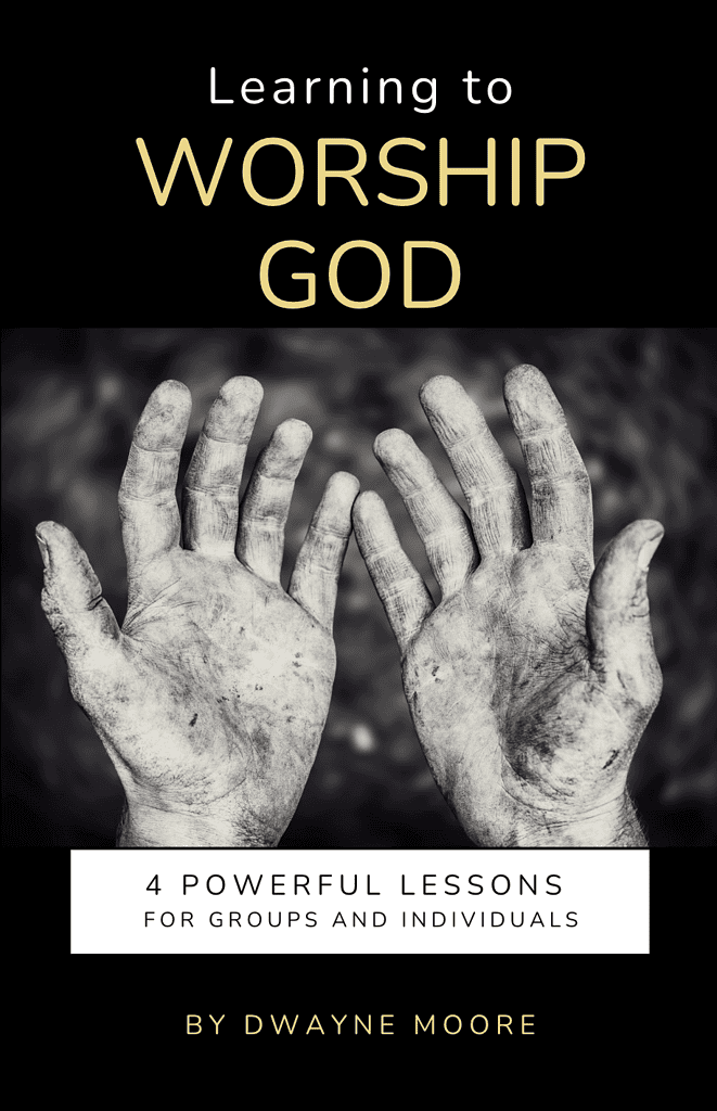 Hands raised in worship with the text "Learning to Worship God" for spiritual growth.