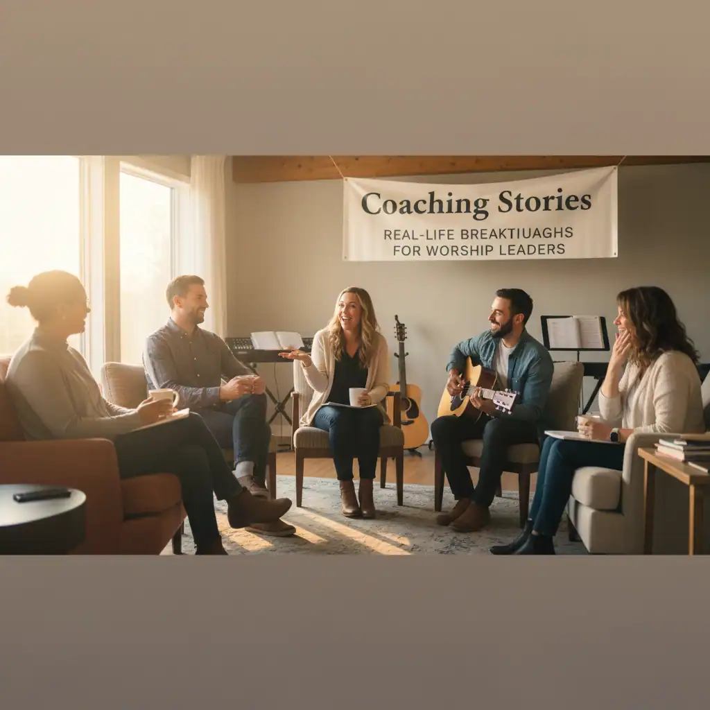 Church leaders sharing coaching stories and worship experiences in a warm, inviting setting.