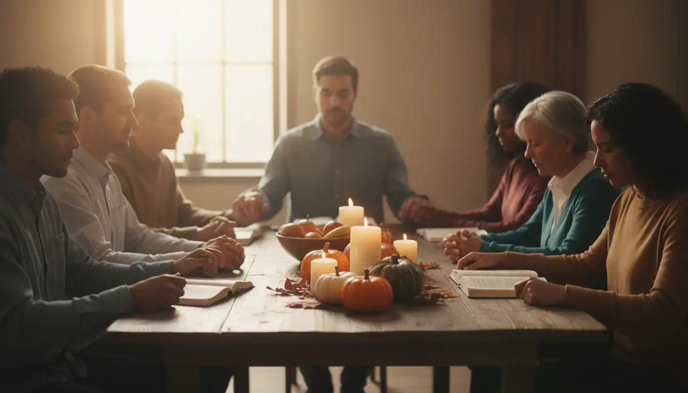 People praying around a table with candles and pumpkins for a worship gathering.
