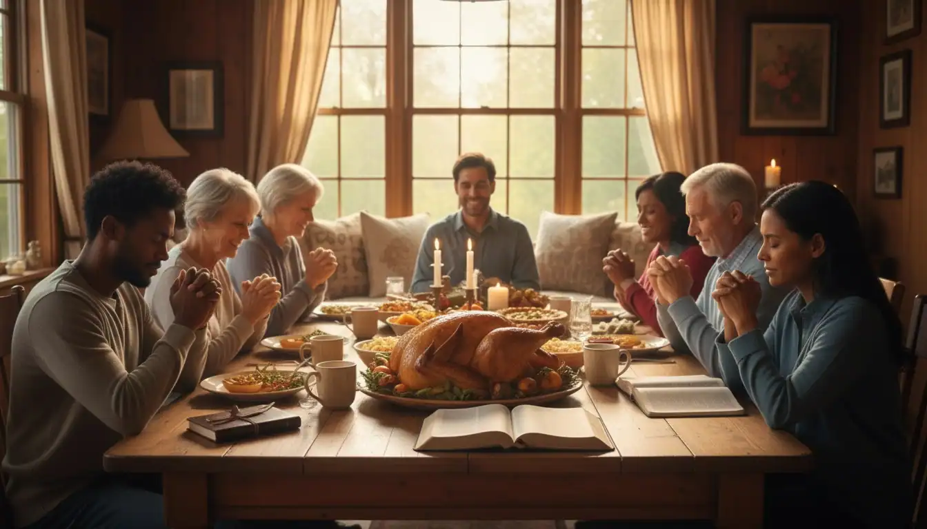 People praying at Thanksgiving dinner table.