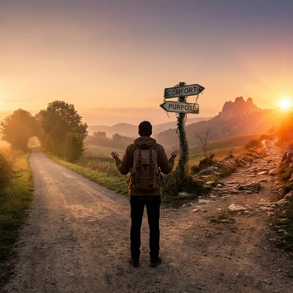 Person standing at crossroads with signs for “Comfort” and “Purpose” during sunset.