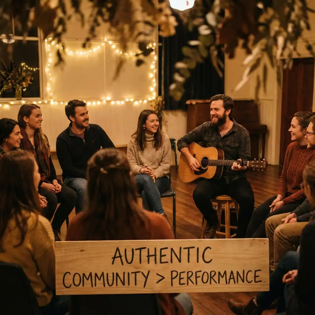 Group of diverse people enjoying authentic worship with guitarist at NLW International event.