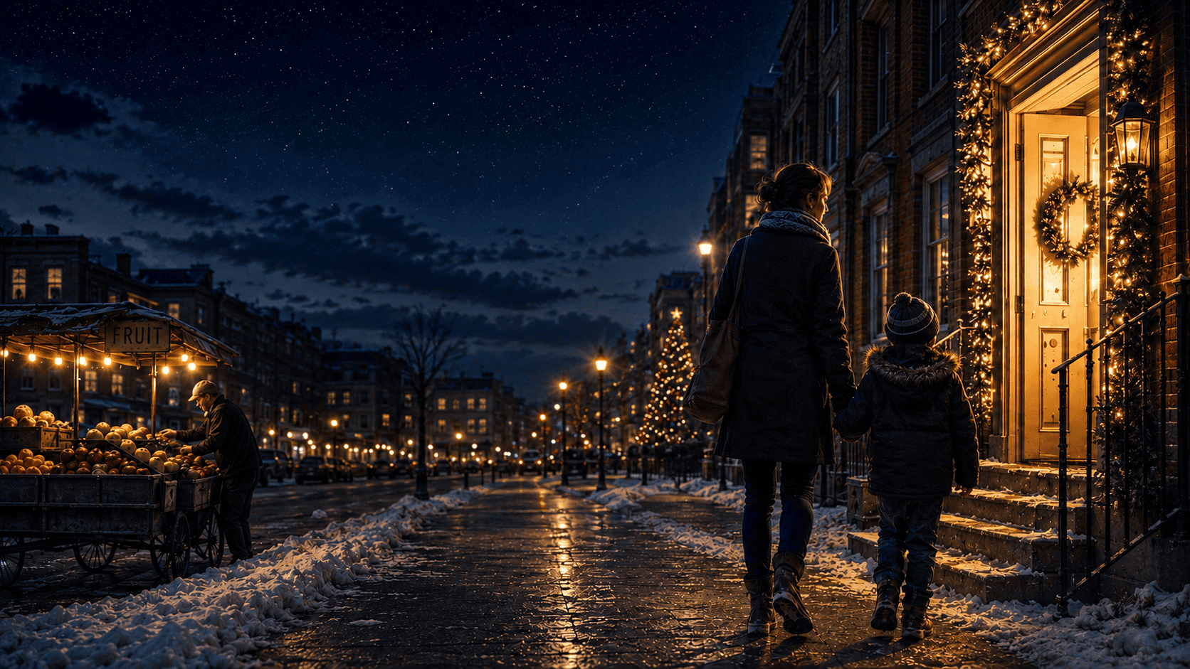 Family walking on snow-covered street decorated with Christmas lights.