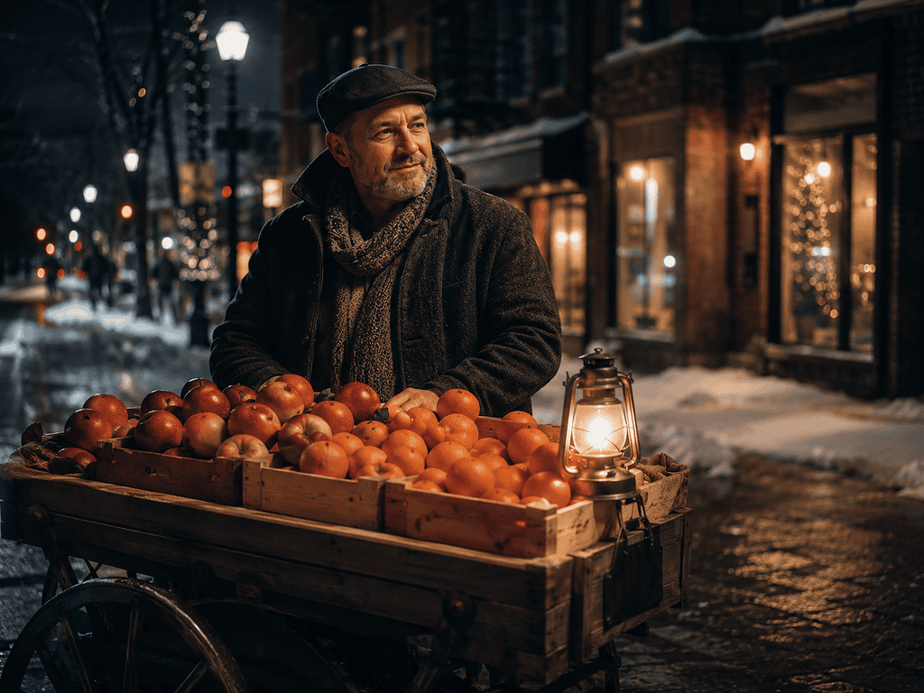 Man selling apples on a city street during winter evening.